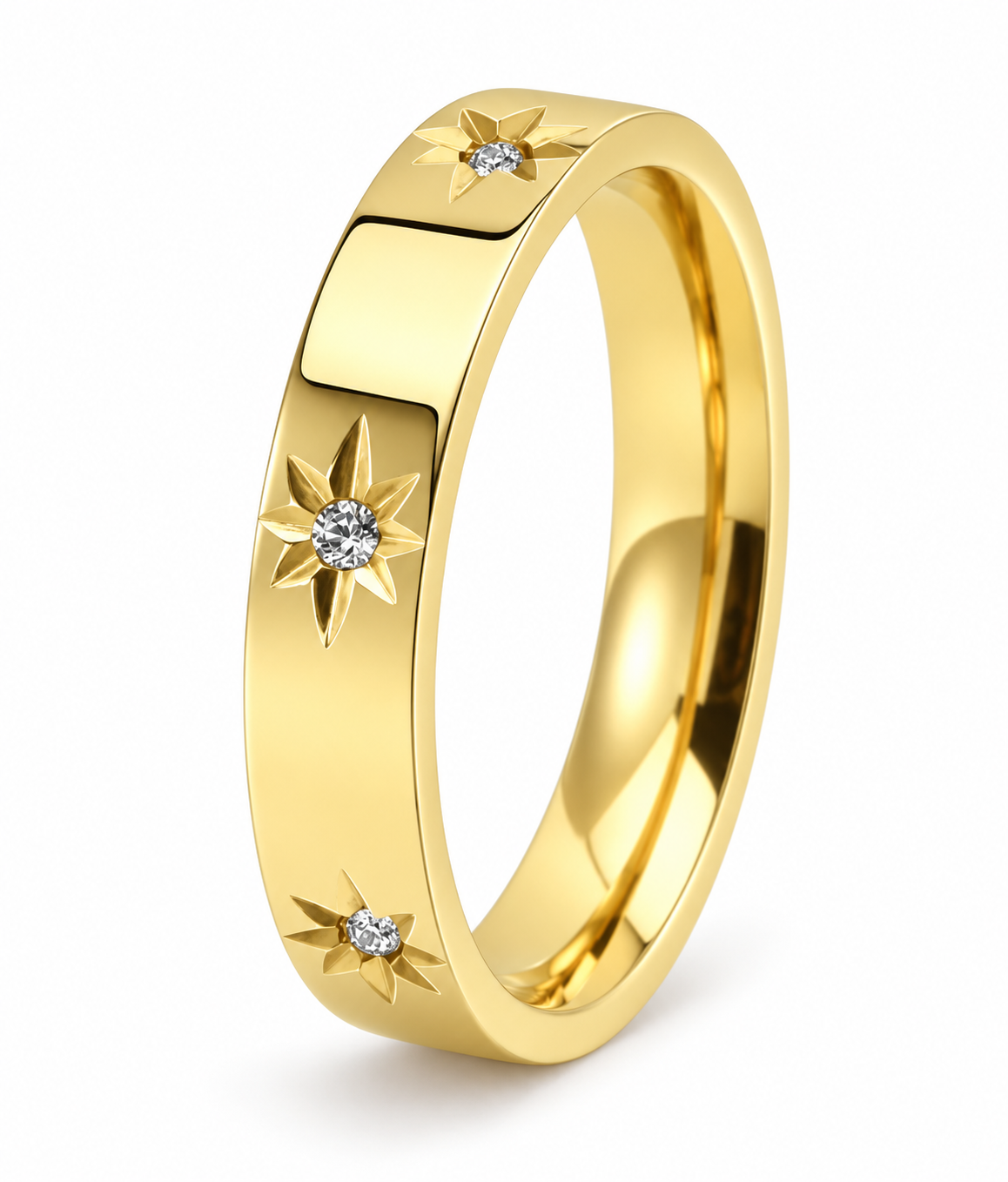 Anillo Amazonas dorado con estrellas sobre fondo blanco de estudio